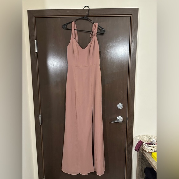 After Six OFF-THE-SHOULDER CHIFFON TRUMPET GOWN DESERT ROSE size 4 style 1517 - Picture 2 of 9